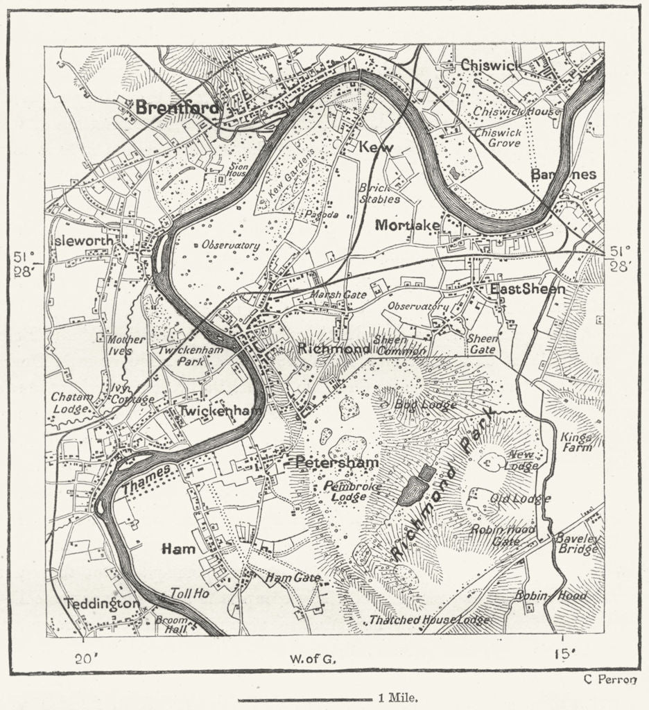 LONDON. Kew & Richmond, sketch map c1885 old antique vintage plan chart